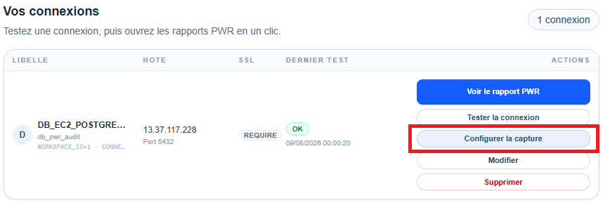 Bouton Configurer la capture dans la liste des connexions PWR
