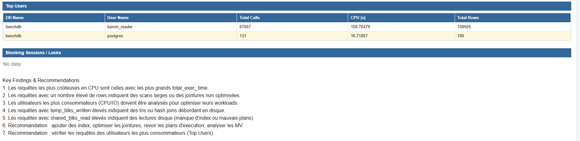 Tables Top Users, Blocking Sessions / Locks et liste des Key Findings & Recommendations