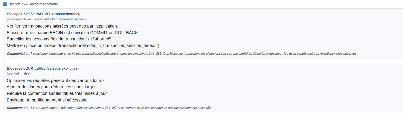 Recommandations générées par PWR pour les blocages SESSION-LEVEL et LOCK-LEVEL